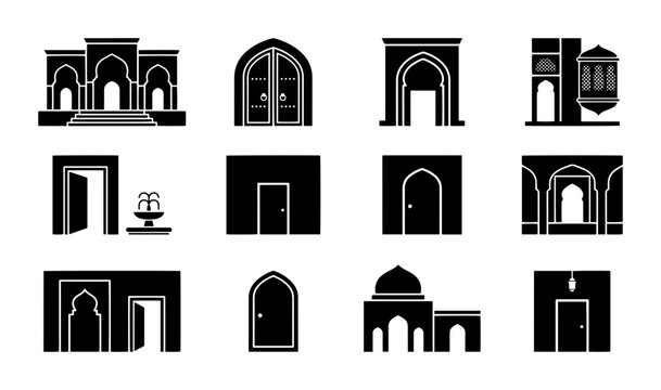 Architectural Doorways & Entrances, Islamic Arches, Building Facades, Vector Icons