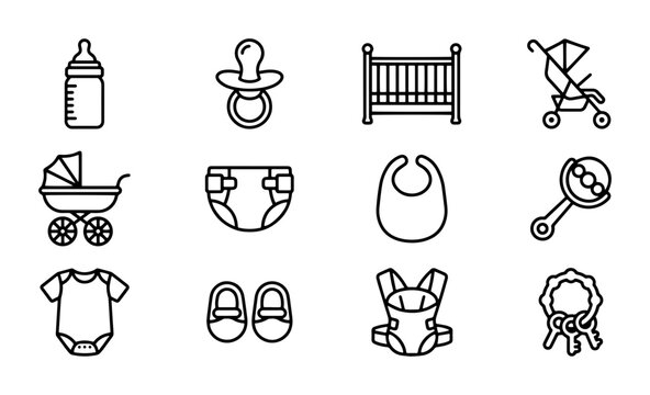 Baby Icons Set, Newborn Essentials Collection, Infant Care Symbols, Vector Graphics