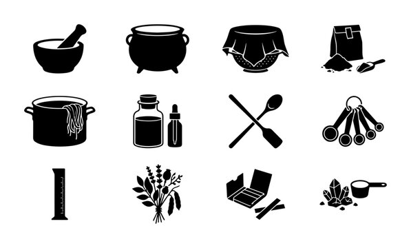 Witchcraft & Alchemy Icons: Cauldron, Mortar, Herbs, Potions, Spices