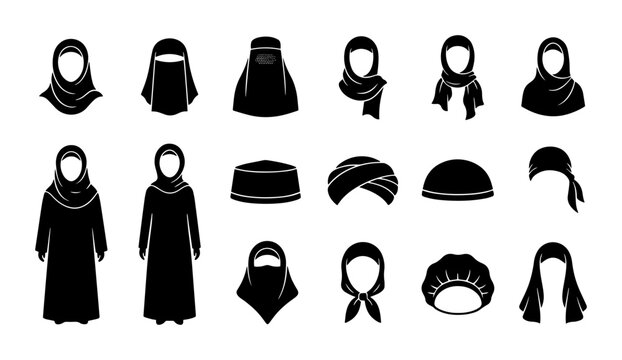 Islamic Headwear Collection, Muslim Veils, Scarves, and Caps Vector Icons