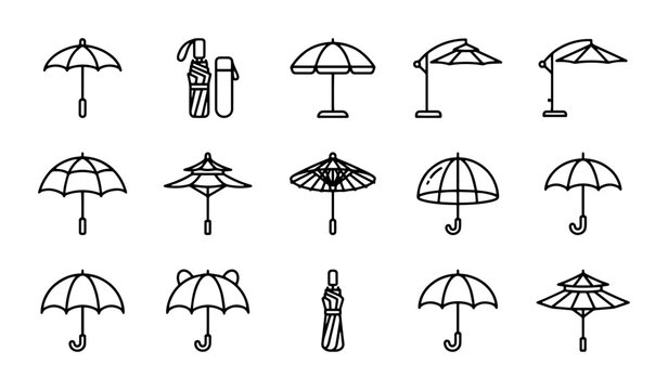 Umbrella Icons Collection, Weather Protection Symbols, Outdoor Gear Vector Set