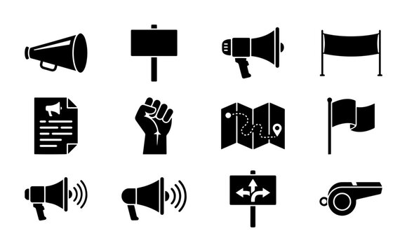 Protest Icons: Megaphone, Fist, Banner, Map, Flag, Whistle, Signpost