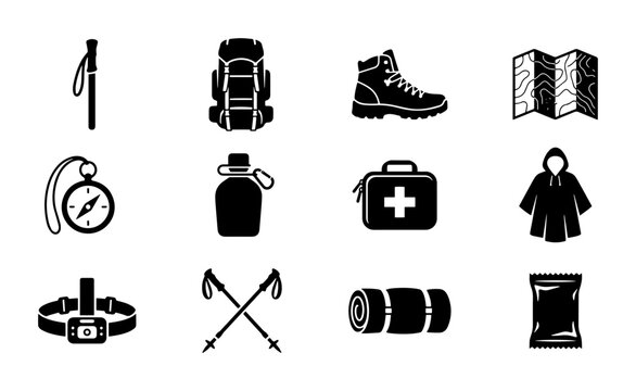 Outdoor Adventure Gear Icons, Hiking Equipment Set, Camping Essentials Collection