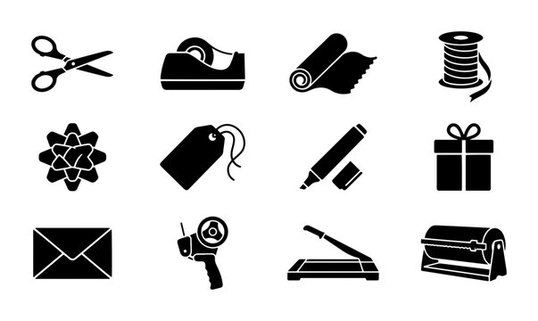 Gift Wrapping Supplies Icons, Packaging Tools Set, Crafting Elements Vector