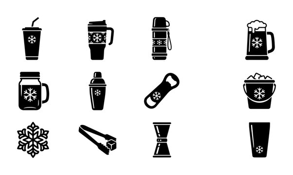 Winter Drink Icons, Cold Beverage Set, Snowflake Graphics, Barware Vector Collection