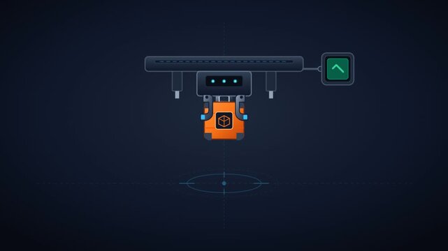 Minimalist 2D vector animation of a robotic arm releasing an orange container with a green checkmark status indicator