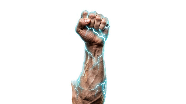 Powerful muscular human arm with clenched fist surrounded by blue electric lightning bolts representing strength and high energy.