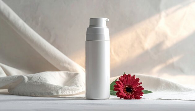 White plastic cosmetic bottle with blank label area and flip cap