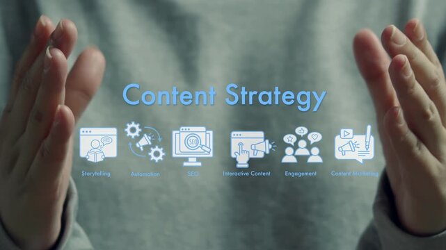 Open hands presenting glowing content strategy text with storytelling, engagement, and SEO icons. Creative digital marketing communication, audience interaction planning, and online media concept.