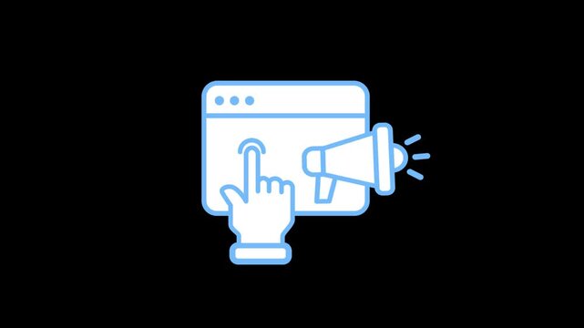 Interactive content icon animation on transparent background showing hand cursor clicking website window with megaphone. Digital marketing engagement, online promotion, and media strategy concept.