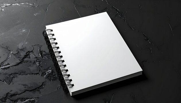 Blank white spiral sketchbook on dark black background, creative mockup