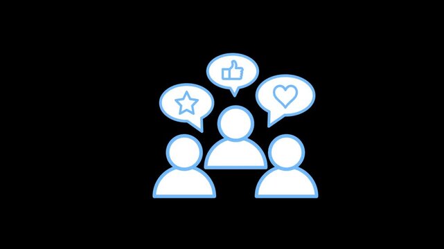 Customer engagement icon animation on transparent background showing user group with like, star, and heart rating bubbles. Social media audience loyalty, community feedback, and marketing concept.