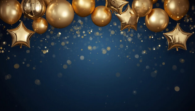 Gold metallic and star balloons with confetti floating on midnight blue background, party backdrop