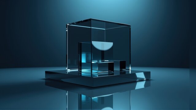 Glass cube displays smaller object. Blue lighting creates dramatic reflections, minimalist presentation. Modern design, sleek surfaces.
