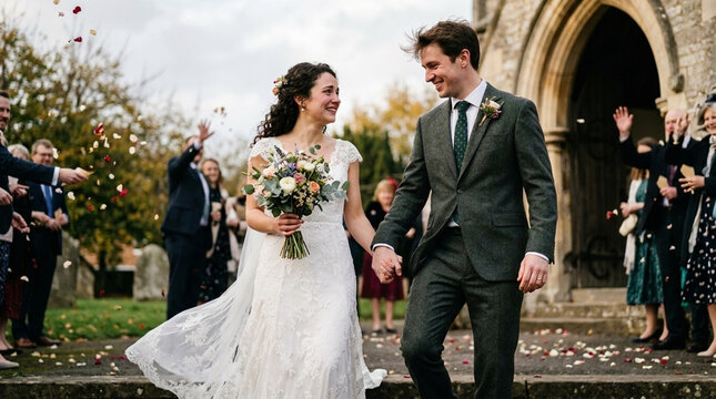 Joyful Bride and Groom Exit Church Surrounded by Confetti Wedding Day Celebration