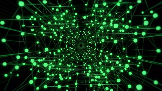 暗黒の真空空間にエメラルドグリーンの光の節点と格子が広がる背景映像