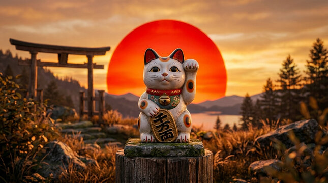 Lucky Cat Statue with Japanese Torii Gate at Sunset Fortune Beckoning Spiritual Landscape Zen Garden