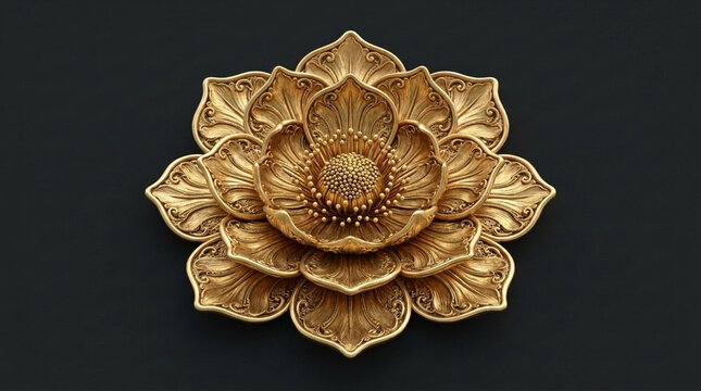 Luxurious Golden Lotus Flower Ornament Intricate Floral Design Art Deco Style Isolated on Dark Background