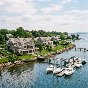 Luxury Waterfront Mansions with Private Docks and Yachts in Coastal Town Estate