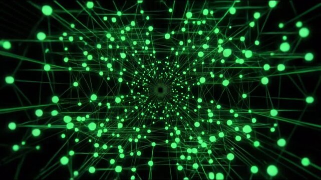 暗黒の真空空間にエメラルドグリーンの光の節点と格子が広がる背景映像
