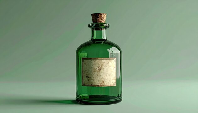 Vintage green glass potion bottle with cork stopper and blank label