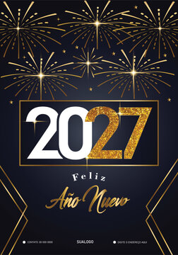&iexcl;Feliz A&ntilde;o Nuevo 2027! Tarjeta de felicitaci&oacute;n de celebraci&oacute;n con fuegos artificiales y fondo abstracto.