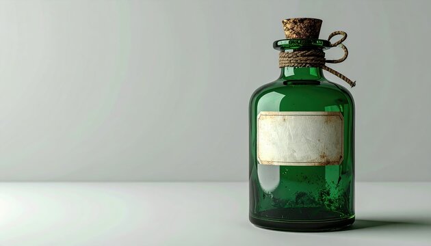 Vintage green glass potion bottle with cork stopper and blank label