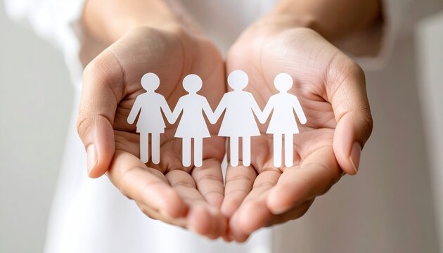 Family care concept with supportive hands and paper silhouette