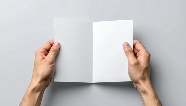 Hand holding folded blank brochure flyer for advertising mockup