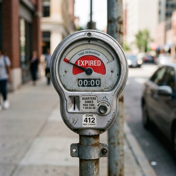Expired parking meter on city street sidewalk urban scene with shallow depth of field