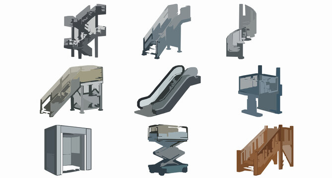 Industrial Metal Staircase and Mechanical Lift Cartoon Vector Equipment Set