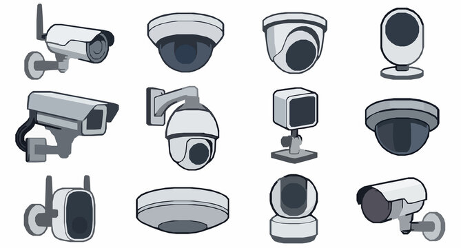 CCTV Security Camera Cartoon Vector Icon Set with Bullet Dome and Wireless Cameras