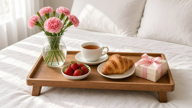 Mothers Day breakfast in bed tray with pink carnations and gift box