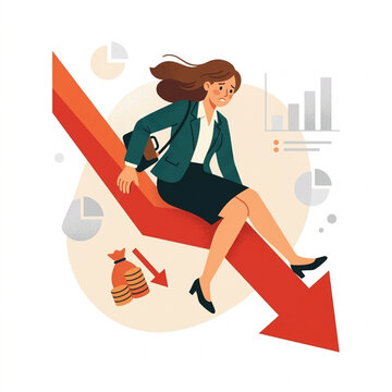 Businesswoman struggling on falling stock market arrow financial crisis loss recession bankruptcy concept
