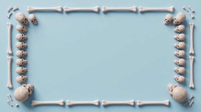 Rectangular frame made of human bones and skulls on a light blue background for halloween decoration