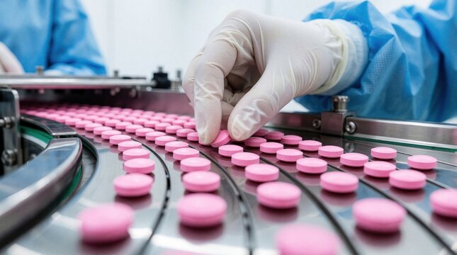 Pharma technician in blue suit inspects pink pills on automated conveyor belt. Worker wearing white gloves checks quality of medication during manufacturing process. Close up view of tablet