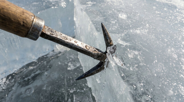 Close Up of Ice Pick Tool Digging Into Large Block of Ice