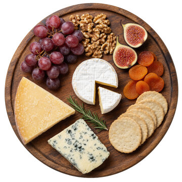 Cheese board with grapes figs walnuts dried apricots and crackers on round wooden platter
