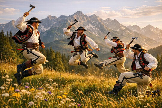Taniec zb&oacute;jnicki. Polish G&oacute;ral Folk Dancers.
Podhale, Tatry, Poland