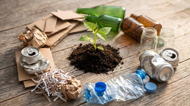 A young green seedling surrounded by discarded paper, cardboard, and recyclable materials on a wooden surface, symbolizing environmental restoration, recycling, and the growth of a circular economy.