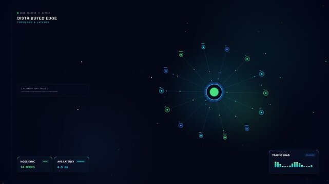Edge computing network with central hub and connected nodes exchanging data, seamless loop