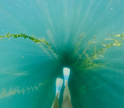 Personal perspective of swimming with fins in turquoise water
