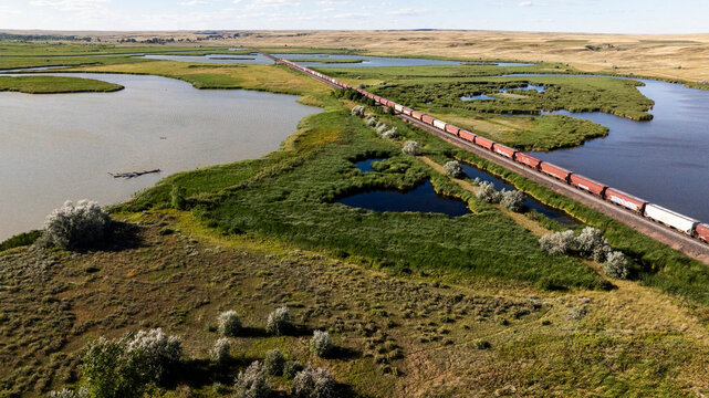 Long freight train crossing a vast green wetland from above