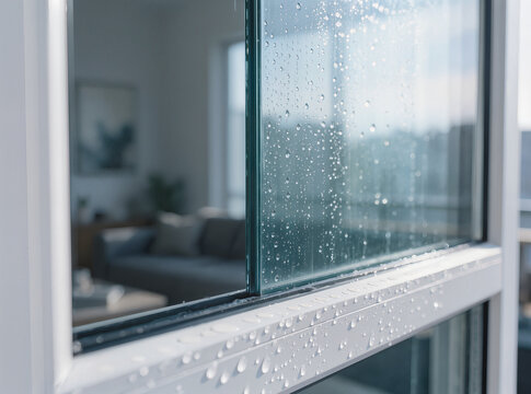 Water Droplets on Modern Sliding Window Glass in Bright Interior