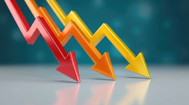 Market decline and financial loss concept. Three downward arrows in red orange and yellow fading gradient on reflective surface