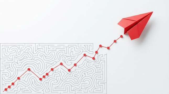 Growth and upward trajectory concept. Red paper airplane flying over maze-like stock chart with upward-trending line graph. Business success illustration
