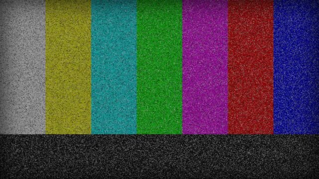Colorful television test pattern with analog static noise and glitch
