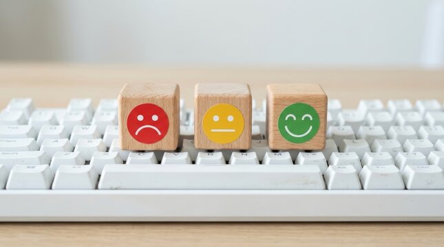 Keyboard with wooden feedback blocks showing happy neutral and sad faces. Emotion rating system on workspace