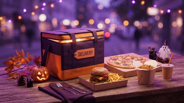 Halloween food delivery bag with burger, pizza and noodles on wooden table. Festive seasonal takeaway meal surrounded by pumpkin, autumn leaves, black cat and ghost decoration