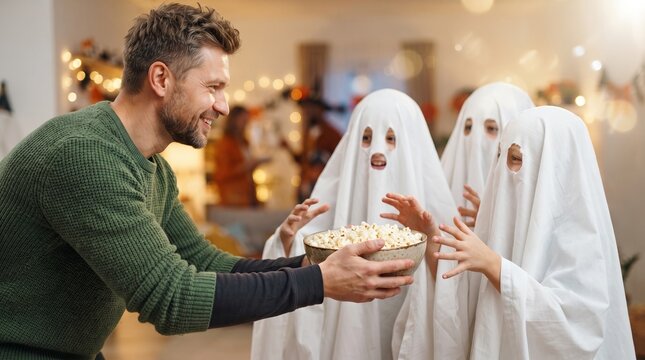 Man serving popcorn to children dressed as ghosts during a Halloween party at home. Family entertainment, festive celebration and playful costume tradition